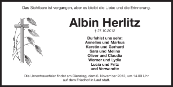 Traueranzeige von Albin Herlitz von Pegnitz-Zeitung